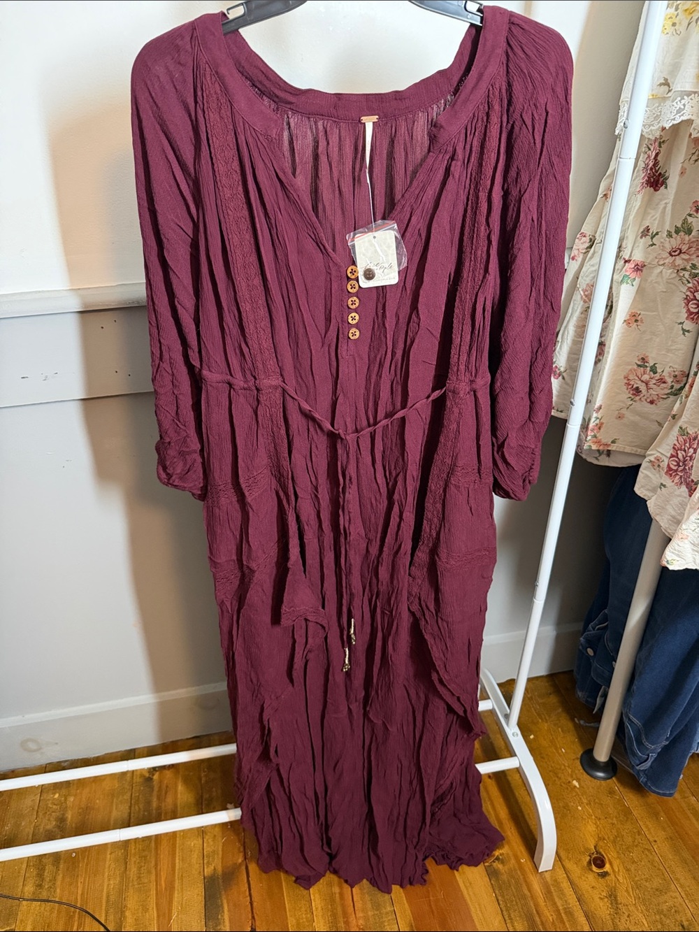 Free People Boho Crinkle Long Sleeve Maxi Dress - Burgundy, Oversized